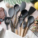 12 Pcs Kitchen Utensils Set | BPA Silicon & Wooden Kitchen Spoon Set | Heat Resistant Kitchen Non toxic Spatula Set with Turner Tongs,Spoon,Brush,Whisk-Wooden Handle - Random Color 1