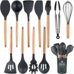 12 Pcs Kitchen Utensils Set | BPA Silicon & Wooden Kitchen Spoon Set | Heat Resistant Kitchen Non toxic Spatula Set with Turner Tongs,Spoon,Brush,Whisk-Wooden Handle - Random Color 2